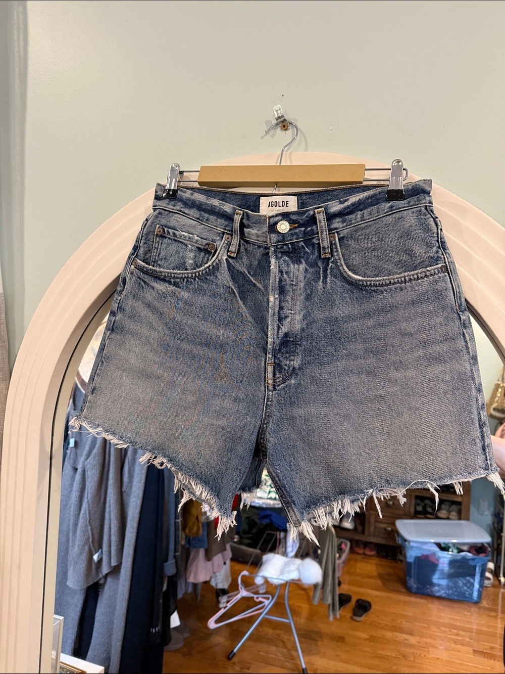 Agolde Washed Blue Frayed Hem Denim Shorts